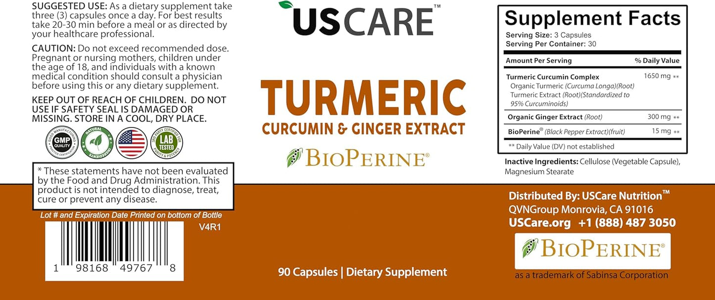 USCare Nutrition Turmeric Curcumin Capsules with Ginger, 95% Curcuminoids, and BioPerine - 120 Vegetarian Capsules