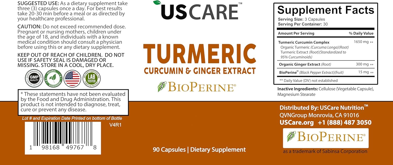 USCare Nutrition Turmeric Curcumin Capsules with Ginger, 95% Curcuminoids, and BioPerine - 120 Vegetarian Capsules