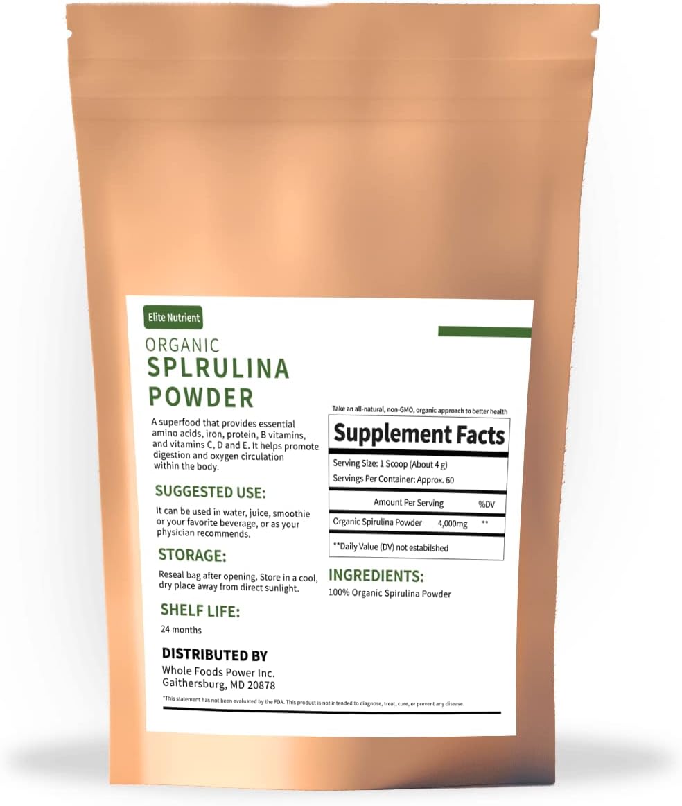 USDA Certified Elite Nutrient Organic Spirulina Powder - Non-GMO Superfood for Energy and Immunity - High Protein - Individual Packets