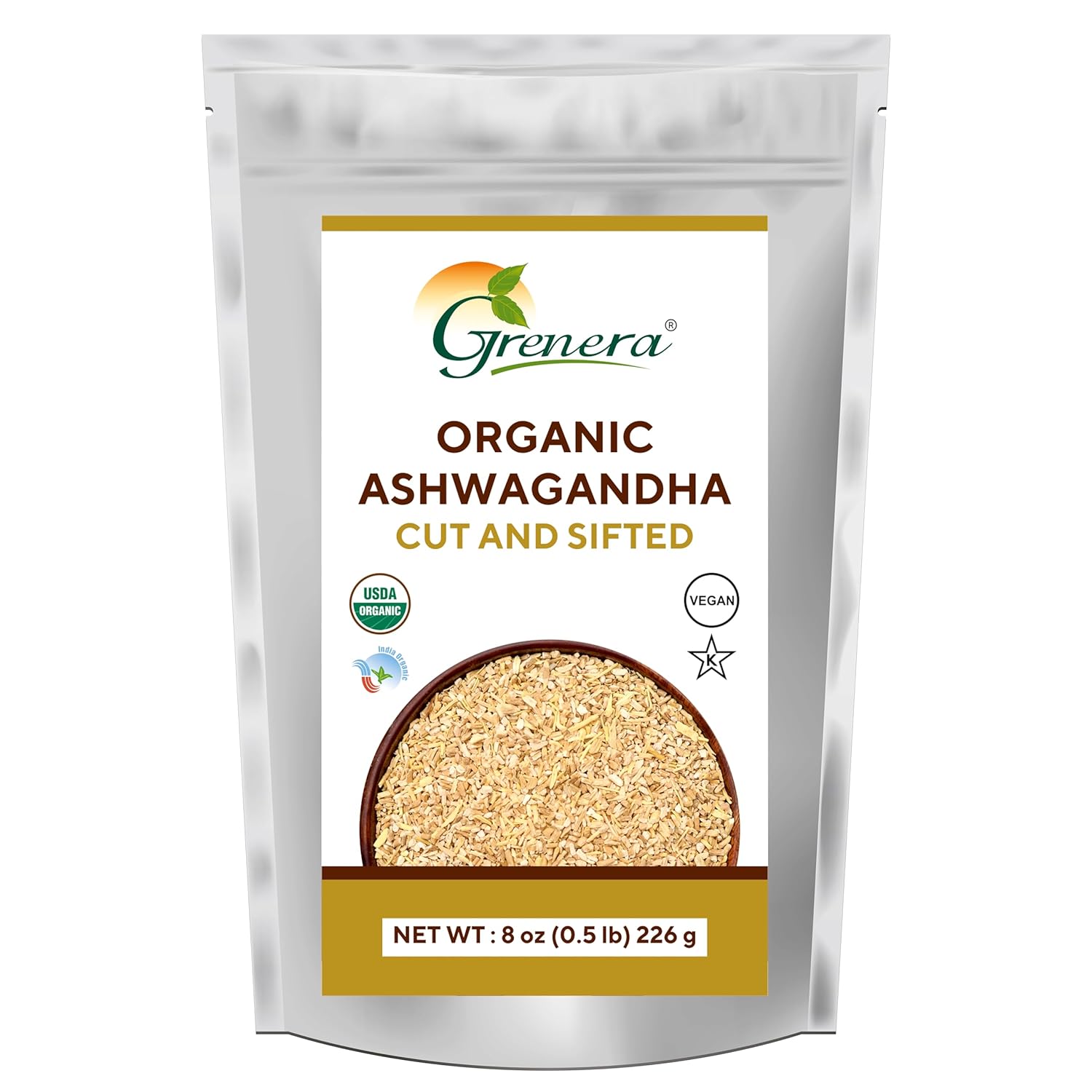 USDA Certified Grenera Organic Ashwagandha Root 8 oz - Cut and Sifted, Withania Somnifera 3-5 mm Size - Ideal for Herbal Tea