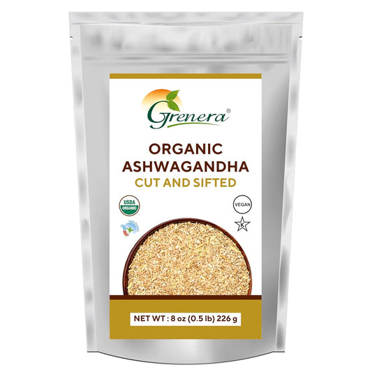 USDA Certified Grenera Organic Ashwagandha Root 8 oz - Cut and Sifted, Withania Somnifera 3-5 mm Size - Ideal for Herbal Tea
