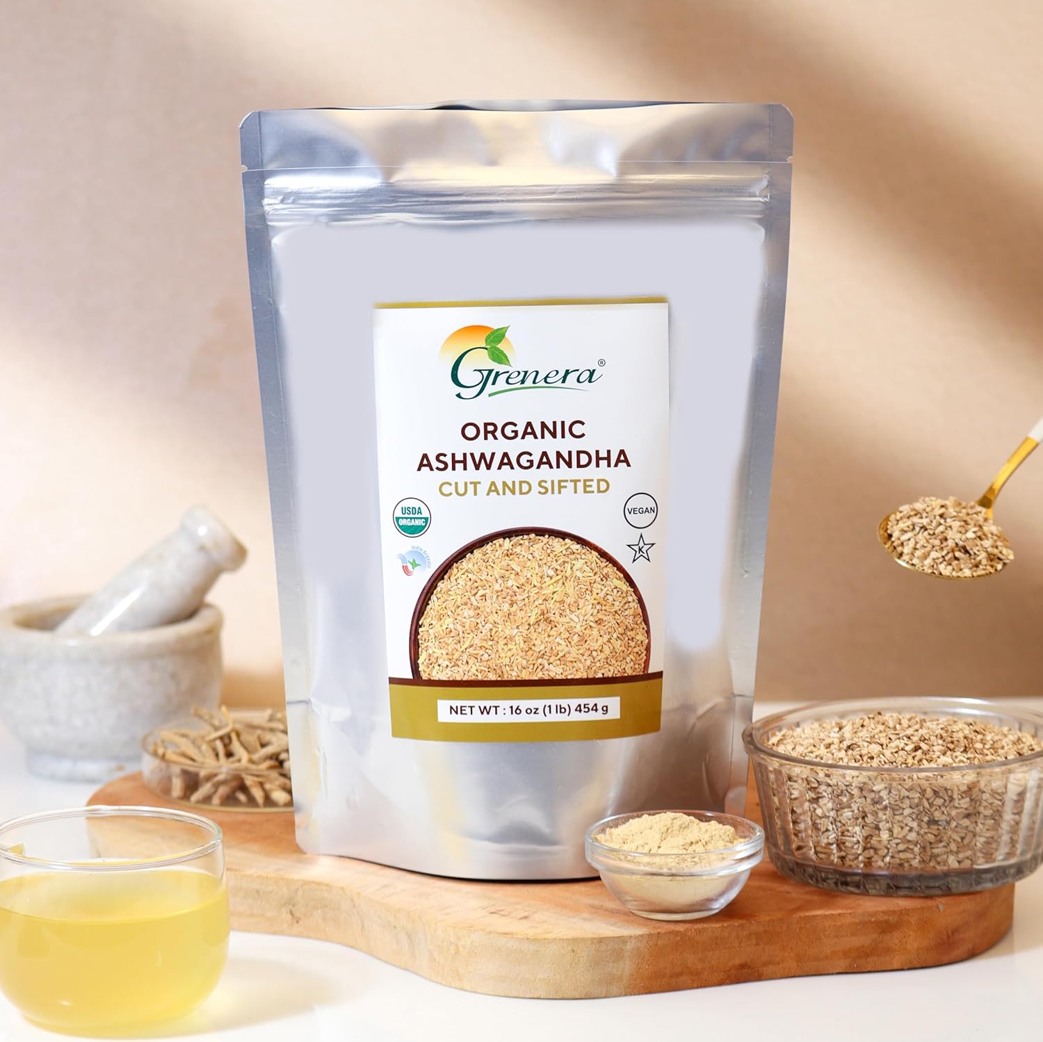 USDA Certified Grenera Organic Ashwagandha Root 8 oz - Cut and Sifted, Withania Somnifera 3-5 mm Size - Ideal for Herbal Tea