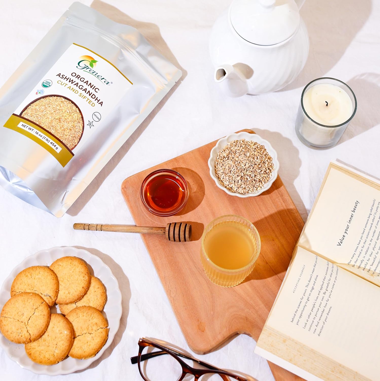 USDA Certified Grenera Organic Ashwagandha Root 8 oz - Cut and Sifted, Withania Somnifera 3-5 mm Size - Ideal for Herbal Tea