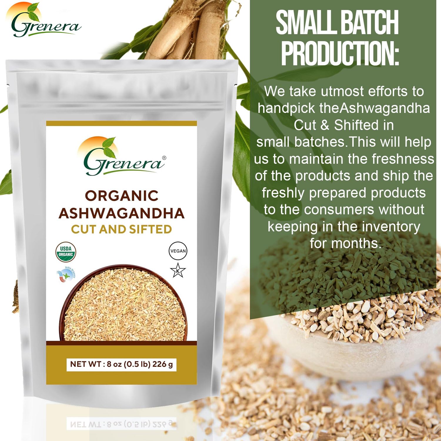 USDA Certified Grenera Organic Ashwagandha Root 8 oz - Cut and Sifted, Withania Somnifera 3-5 mm Size - Ideal for Herbal Tea