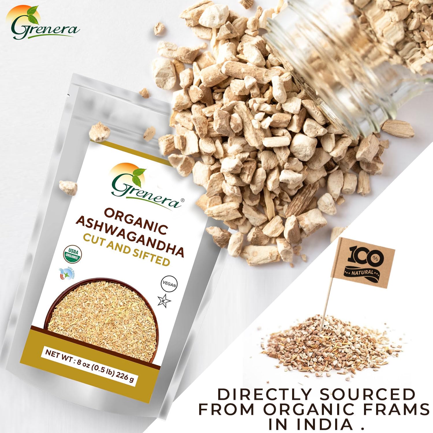 USDA Certified Grenera Organic Ashwagandha Root 8 oz - Cut and Sifted, Withania Somnifera 3-5 mm Size - Ideal for Herbal Tea