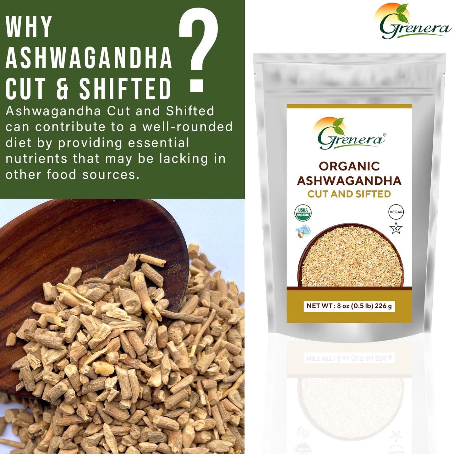 USDA Certified Grenera Organic Ashwagandha Root 8 oz - Cut and Sifted, Withania Somnifera 3-5 mm Size - Ideal for Herbal Tea