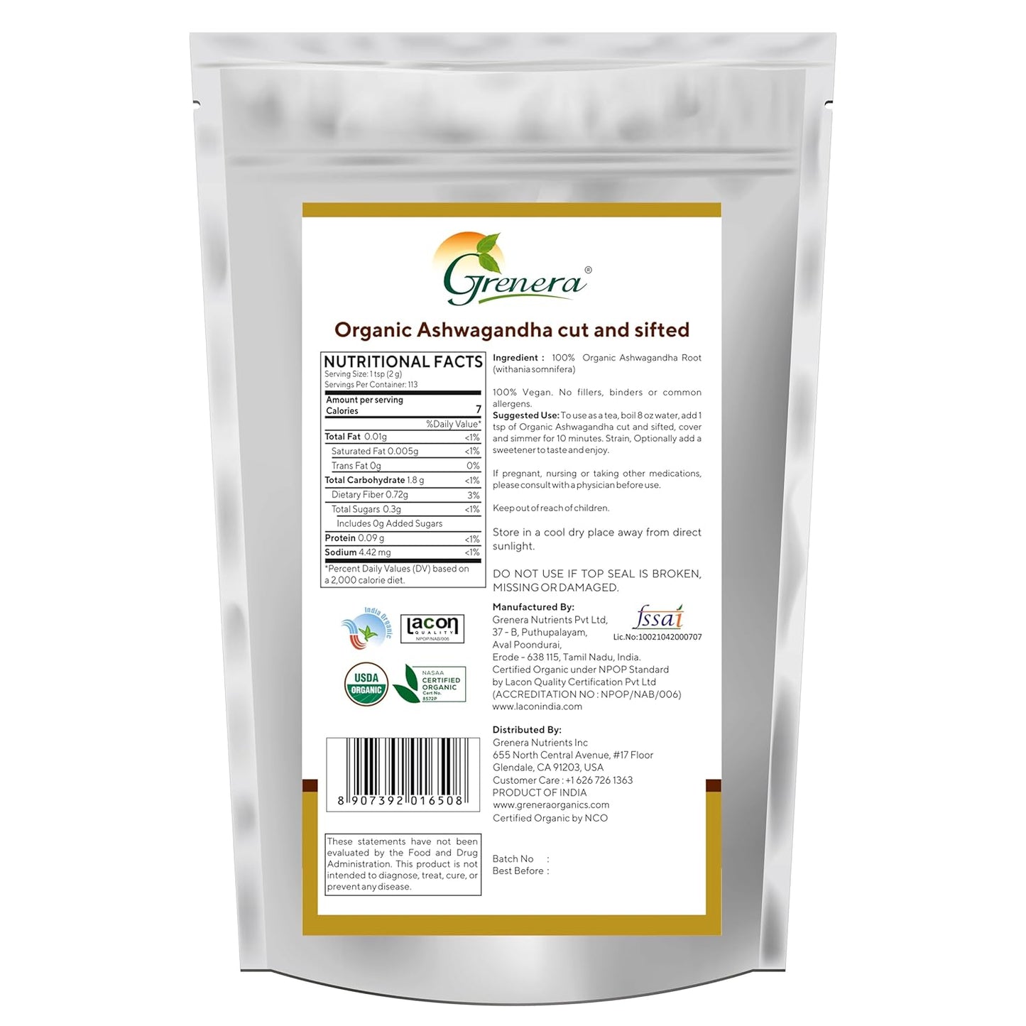 USDA Certified Grenera Organic Ashwagandha Root 8 oz - Cut and Sifted, Withania Somnifera 3-5 mm Size - Ideal for Herbal Tea