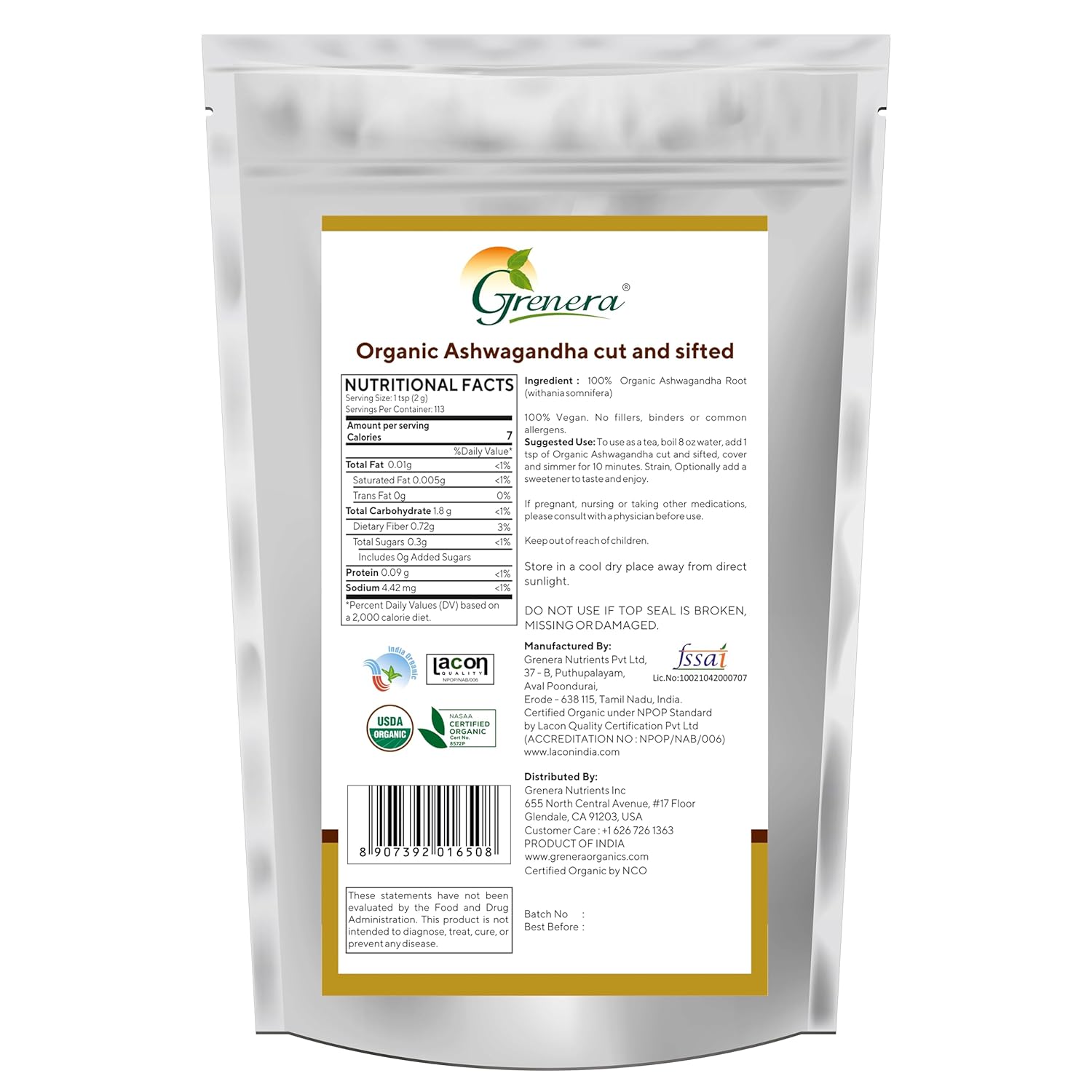 USDA Certified Grenera Organic Ashwagandha Root 8 oz - Cut and Sifted, Withania Somnifera 3-5 mm Size - Ideal for Herbal Tea
