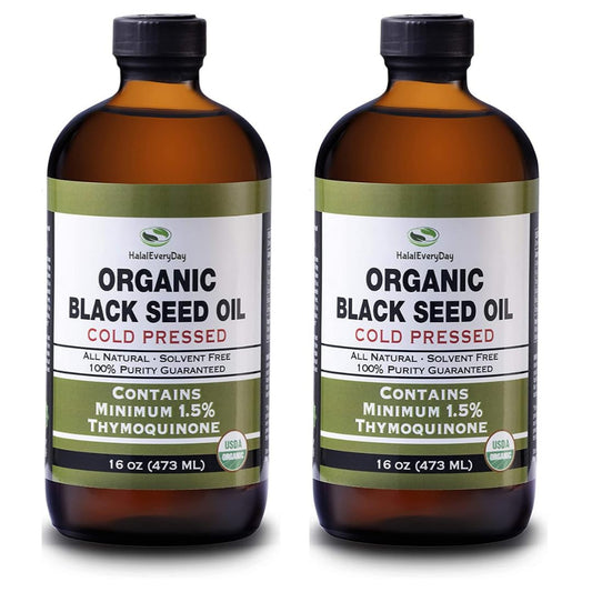 USDA Certified HalalEveryDay Organic Black Seed Oil - Cold Pressed Glass Bottle with Over 1.5% Thymoquinone - 3X Strength Turkish Black Cumin Nigella Sativa - 100% Pure Blackseed Oil - 32oz Bottle