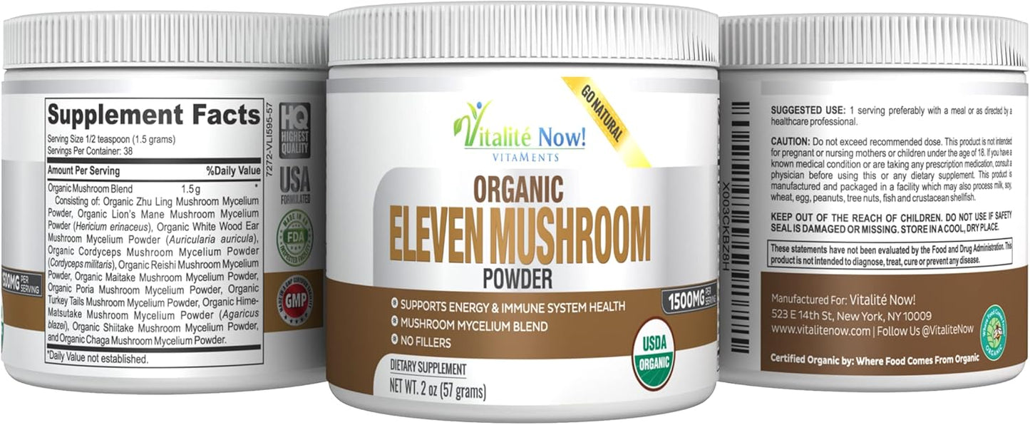 USDA Certified Organic 11 Mushroom Powder for Immunity & Energy - Lion's Mane, Reishi, Cordyceps, and More - No Fillers - Vitalité Now!