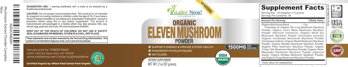 USDA Certified Organic 11 Mushroom Powder for Immunity & Energy - Lion's Mane, Reishi, Cordyceps, and More - No Fillers - Vitalité Now!