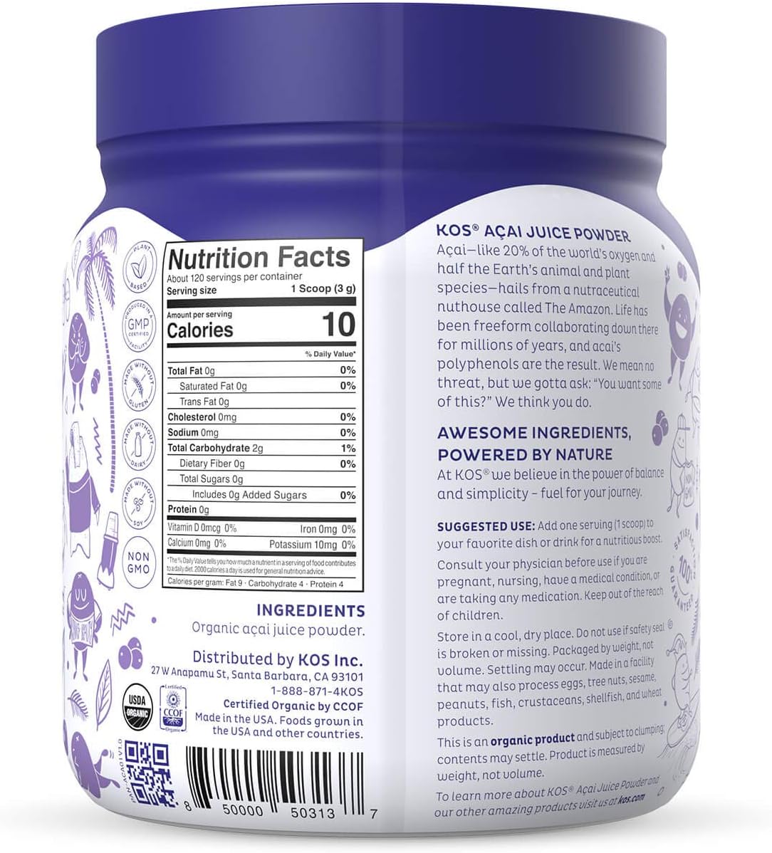 USDA Certified Organic Acai Juice Powder - Superfood Antioxidants from Brazil - Vegan, Gluten-Free, Non-GMO - 120 Servings
