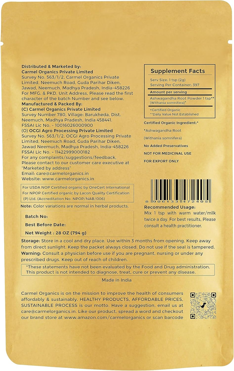 USDA Certified Organic Ashwagandha Root Powder 28 Oz - Lab Tested, Non GMO, Gluten Free - Withania Somnifera from India