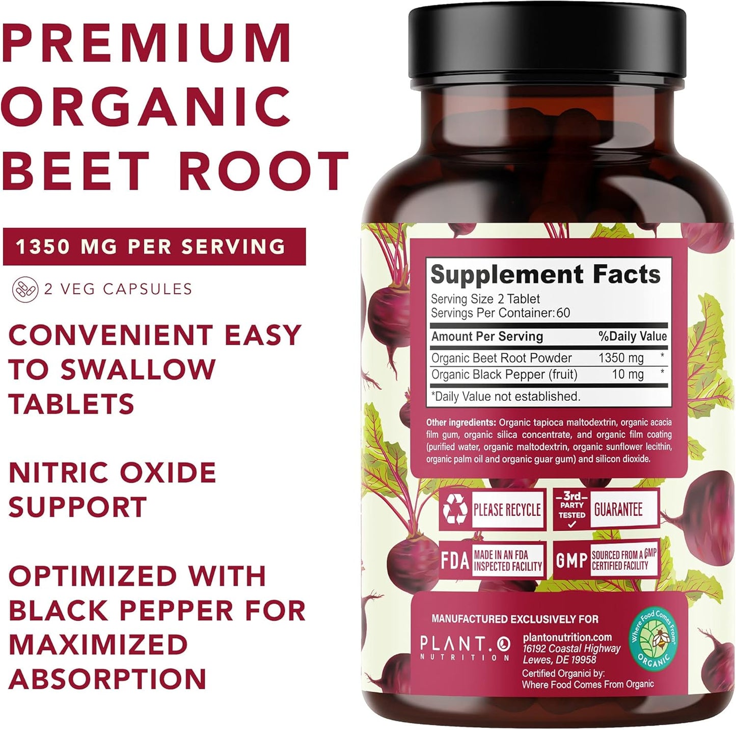 USDA Certified Organic Beet Root Tablets with Black Pepper for Enhanced Absorption - Nitric Oxide Supplement - 1350mg Beets Powder