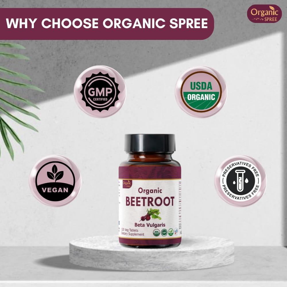 USDA Certified Organic Beetroot Tablets - 120 Count | Supports Blood Flow & Energy | Vegan Formula | Beta Vulgaris Supplement