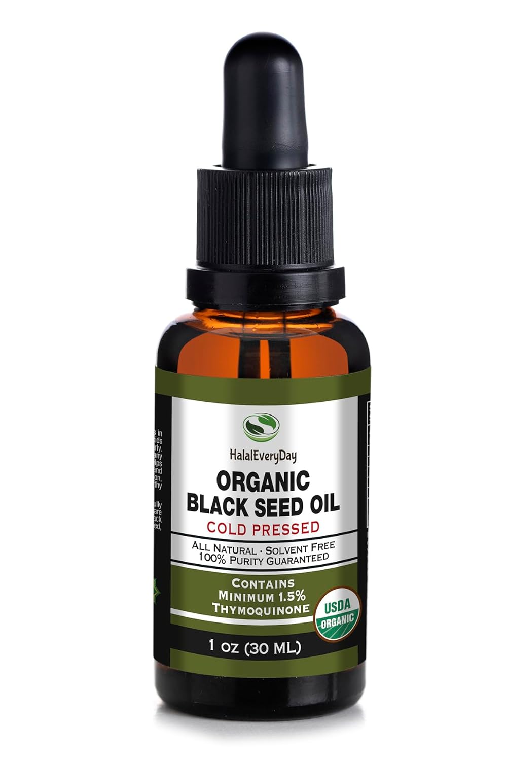 USDA Certified Organic Black Seed Oil with 1.5% Thymoquinone - Cold Pressed Turkish Black Cumin Nigella Sativa Oil - 1oz Glass Dropper Bottle