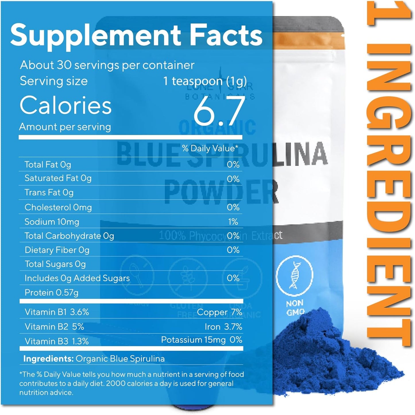 USDA Certified Organic Blue Spirulina Powder - 120 Servings of 100% Pure Superfood Algae for Smoothies & Drinks - Non GMO, Gluten-Free, Vegan - Natural Food Coloring without Fishy Smell