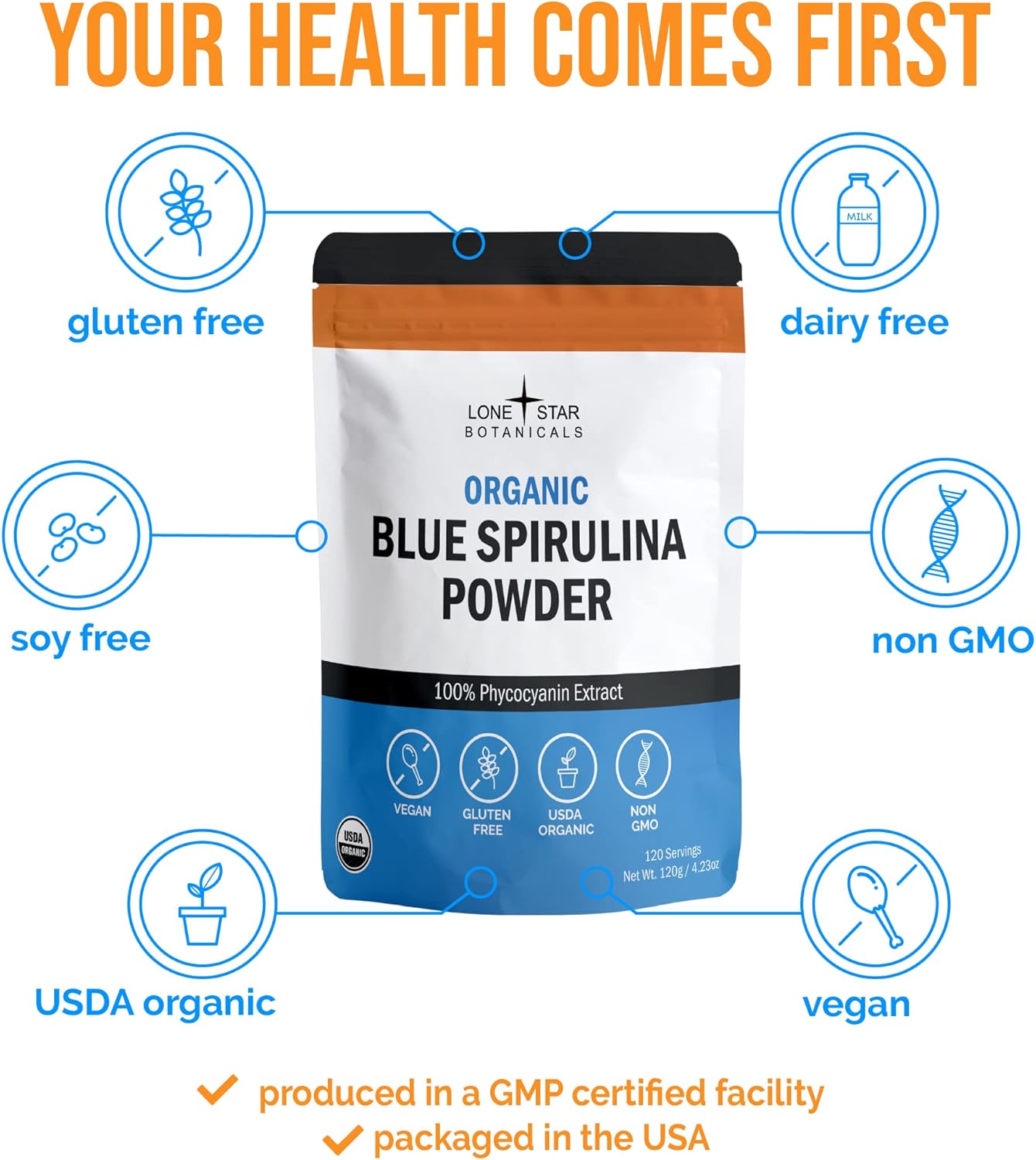 USDA Certified Organic Blue Spirulina Powder - 120 Servings of 100% Pure Superfood Algae for Smoothies & Drinks - Non GMO, Gluten-Free, Vegan - Natural Food Coloring without Fishy Smell