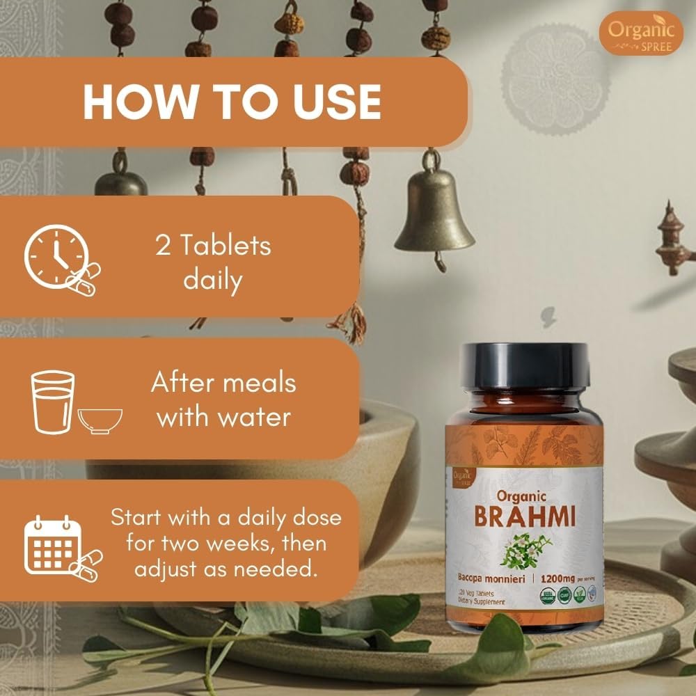 USDA Certified Organic Brahmi Tablets - Vegan Bacopa Monnieri Supplement - 240 Tablets (2 Pack)