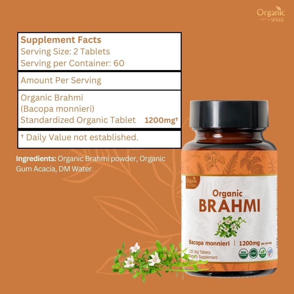 USDA Certified Organic Brahmi Tablets - Vegan Bacopa Monnieri Supplement - 240 Tablets (2 Pack)