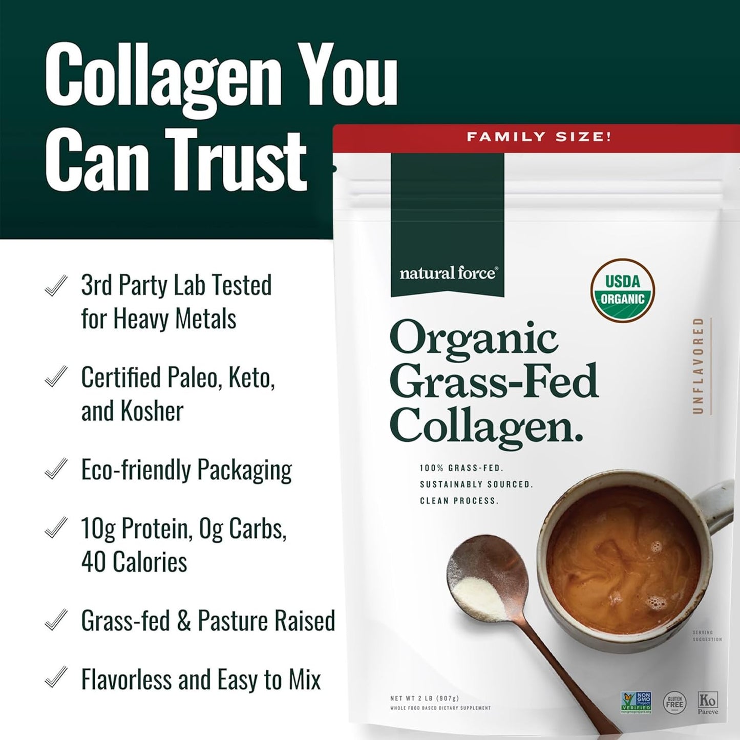 USDA Certified Organic Clean Collagen Peptides Powder - Non-GMO, Keto & Paleo Certified - Hydrolyzed Type I & III Protein Powder - Essential Amino Acids - Unflavored, 32oz
