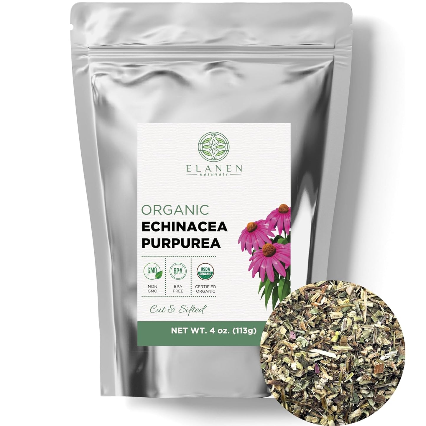 USDA Certified Organic Echinacea Purpurea Tea - 4oz (113g) - Premium Quality Cut & Sifted Herb - Purple Coneflower Herb