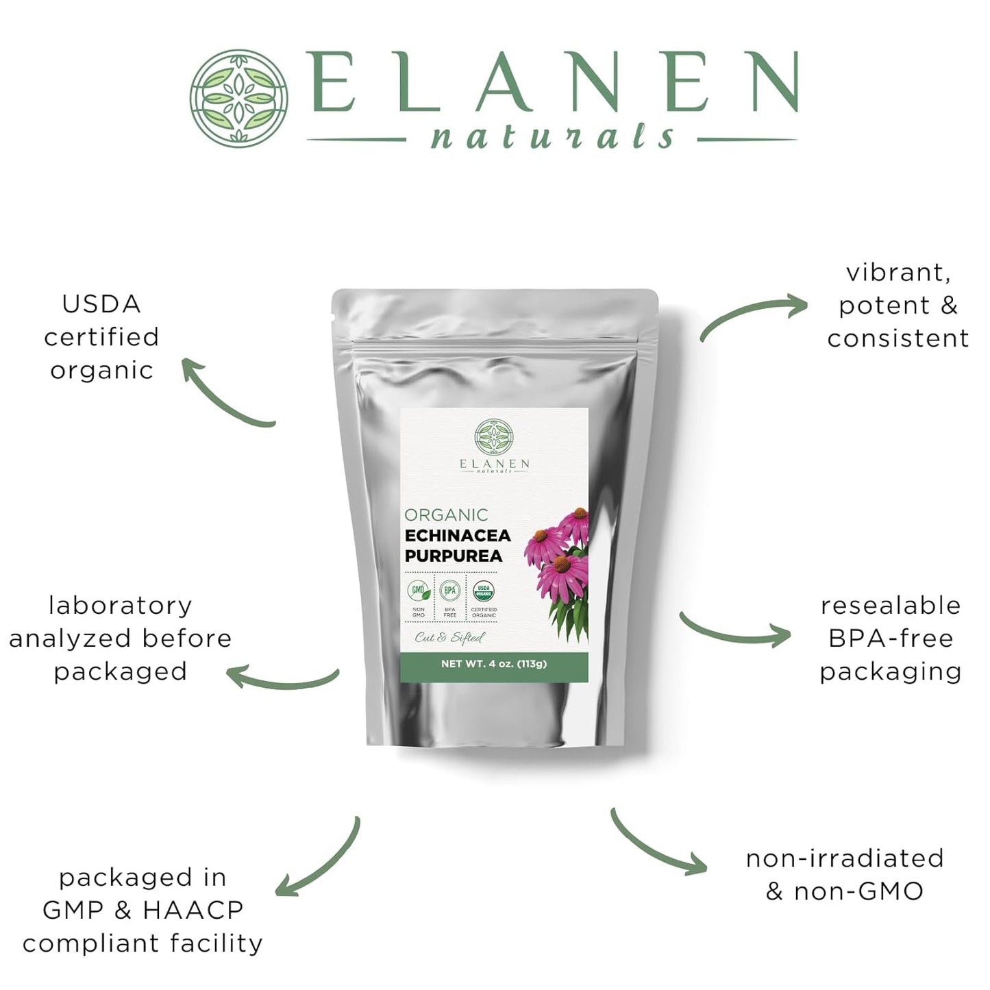 USDA Certified Organic Echinacea Purpurea Tea - 4oz (113g) - Premium Quality Cut & Sifted Herb - Purple Coneflower Herb