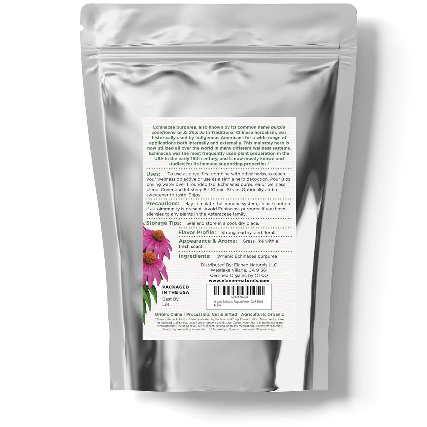 USDA Certified Organic Echinacea Purpurea Tea - 4oz (113g) - Premium Quality Cut & Sifted Herb - Purple Coneflower Herb