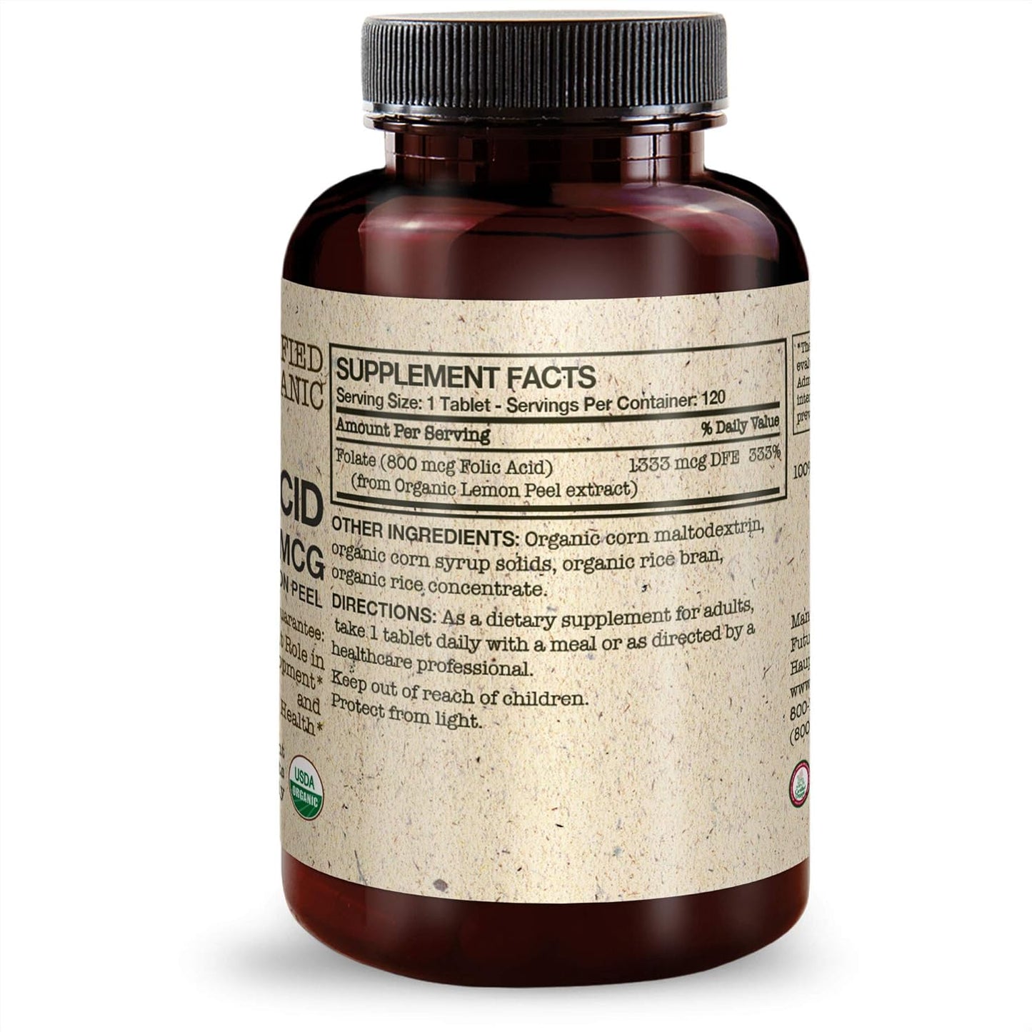 USDA Certified Organic Folic Acid 800mcg from Organic Lemon Peel - 120 Vegetarian Tablets by Futurebiotics