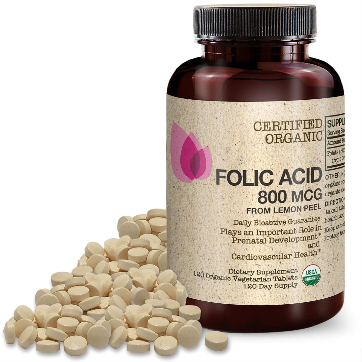 USDA Certified Organic Folic Acid 800mcg from Organic Lemon Peel - 120 Vegetarian Tablets by Futurebiotics