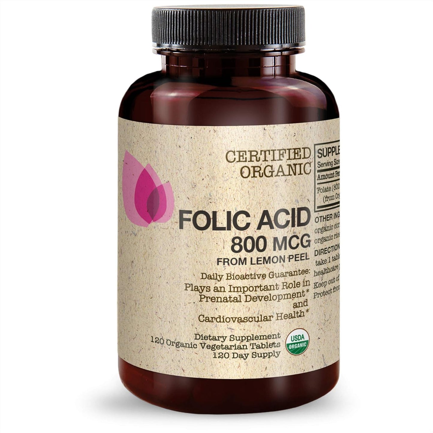 USDA Certified Organic Folic Acid 800mcg from Organic Lemon Peel - 120 Vegetarian Tablets by Futurebiotics