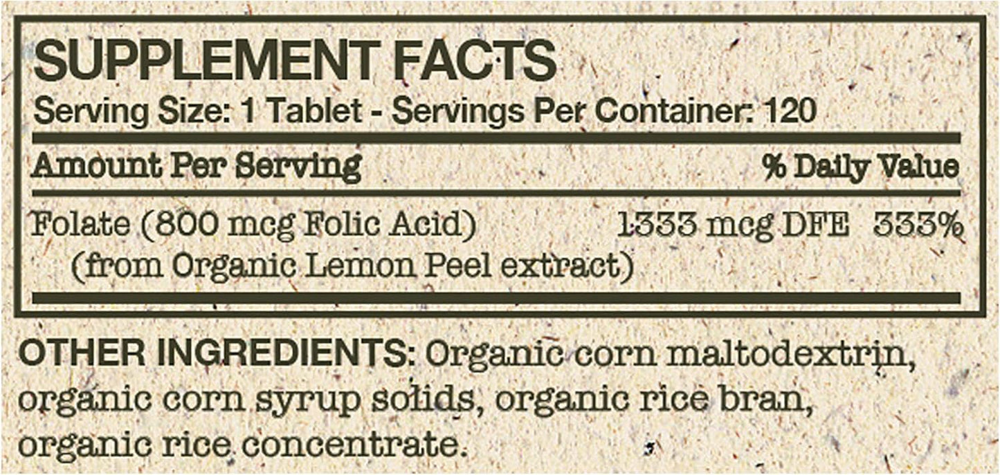 USDA Certified Organic Folic Acid 800mcg from Organic Lemon Peel - 120 Vegetarian Tablets by Futurebiotics