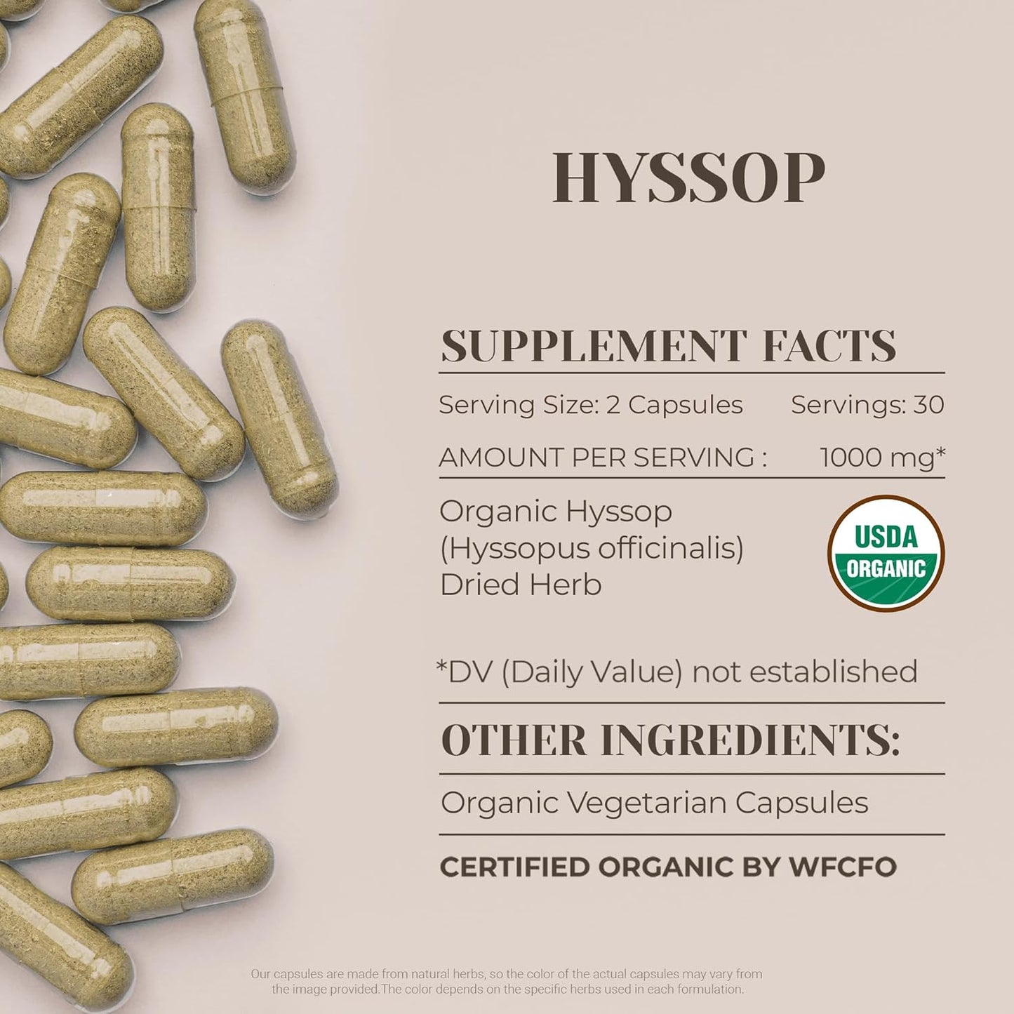USDA Certified Organic Garden Organics Hyssop Capsules - High-Potency Natural Supplement with Hyssop (Hyssopus officinalis) Dried Herb - 60 Capsules