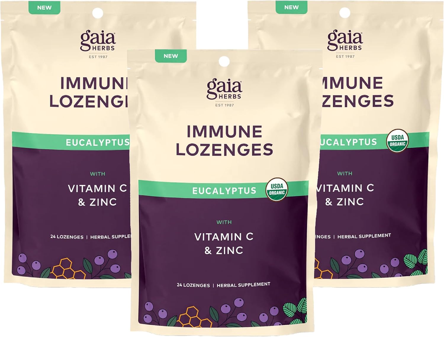 USDA Certified Organic Immune Support Lozenges with Vitamin C, Zinc, Eucalyptus Flavor - 3 Pack, 72 Count - Gaia Herbs