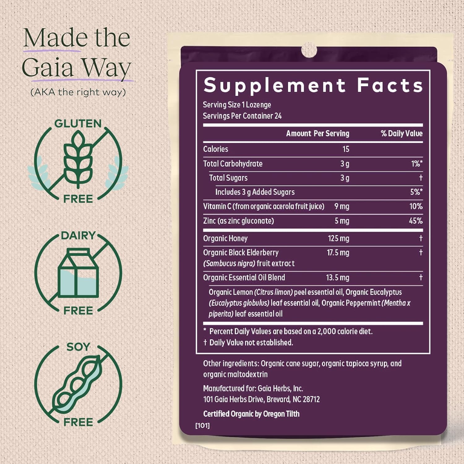 USDA Certified Organic Immune Support Lozenges with Vitamin C, Zinc, Eucalyptus Flavor - 3 Pack, 72 Count - Gaia Herbs