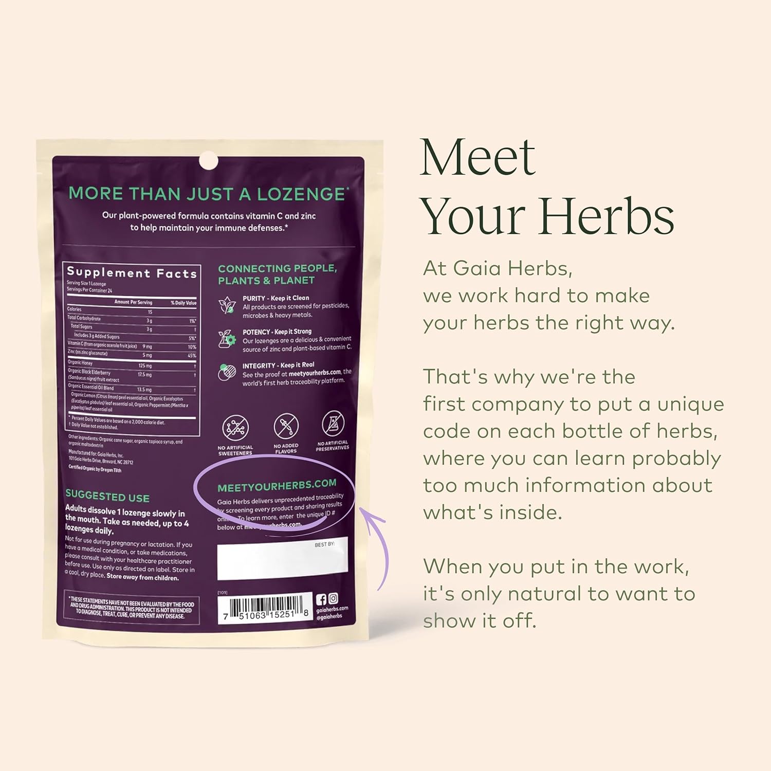 USDA Certified Organic Immune Support Lozenges with Vitamin C, Zinc, Eucalyptus Flavor - 3 Pack, 72 Count - Gaia Herbs