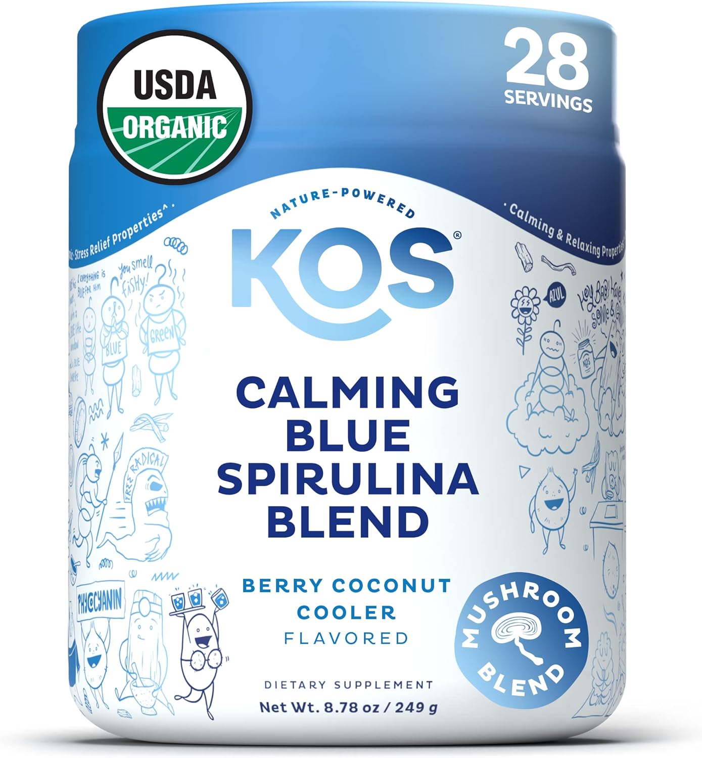 USDA Certified Organic KOS Calming Blue Spirulina Blend with Ashwagandha Root and Reishi Mushroom - Berry Coconut Cooler Flavor, 28 Servings