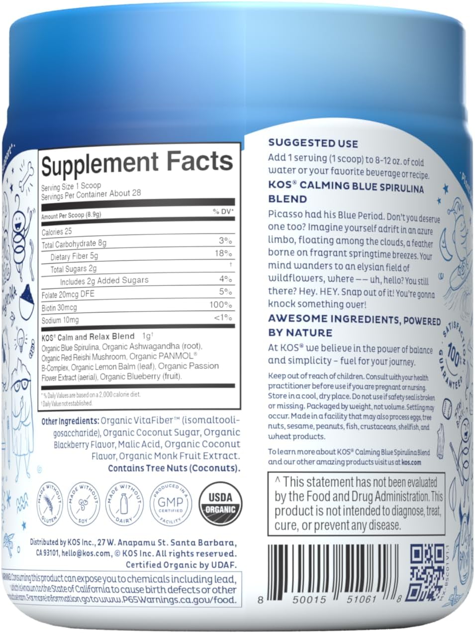 USDA Certified Organic KOS Calming Blue Spirulina Blend with Ashwagandha Root and Reishi Mushroom - Berry Coconut Cooler Flavor, 28 Servings