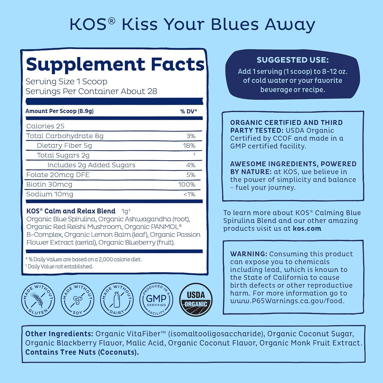 USDA Certified Organic KOS Calming Blue Spirulina Blend with Ashwagandha Root and Reishi Mushroom - Berry Coconut Cooler Flavor, 28 Servings