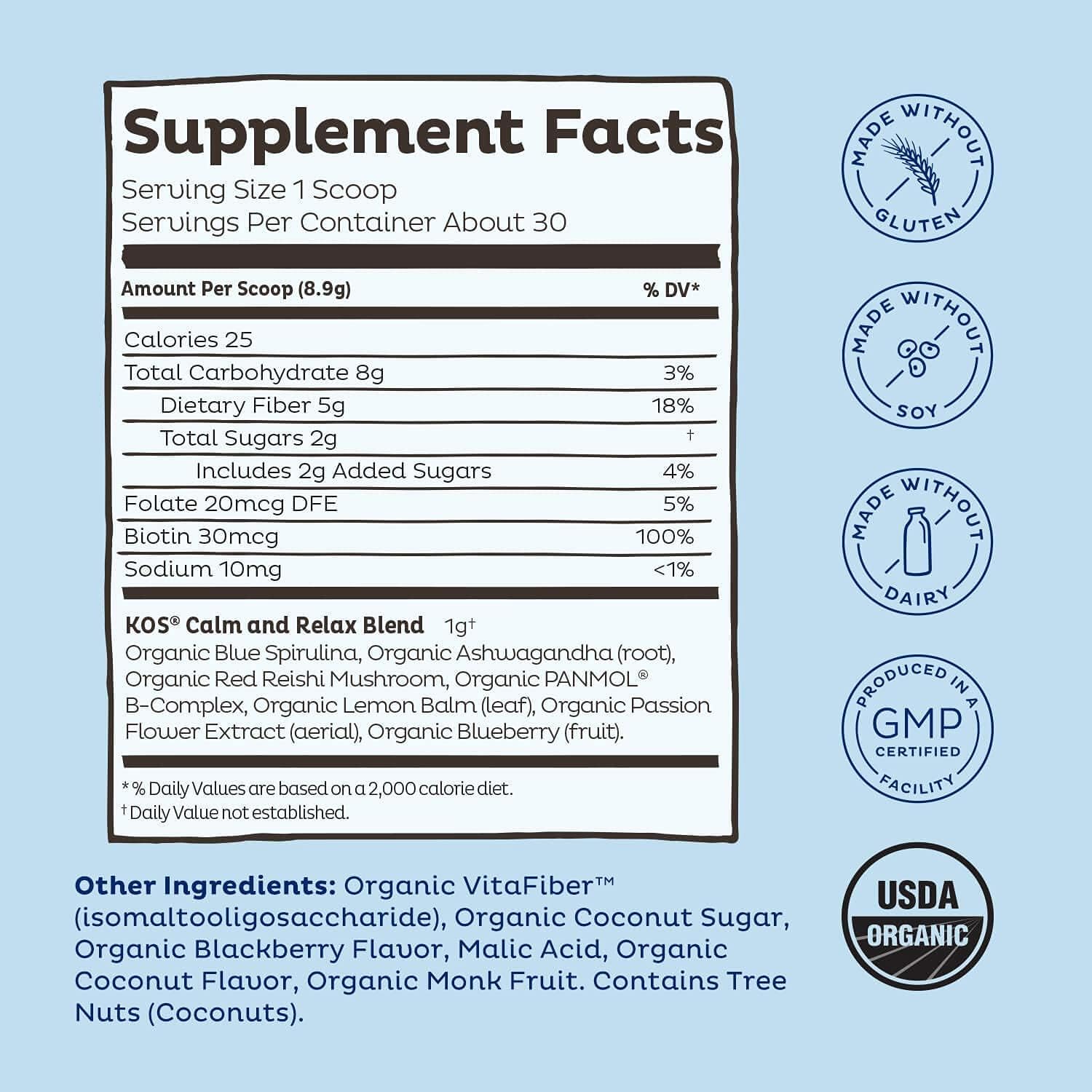 USDA Certified Organic KOS Calming Blue Spirulina Blend with Ashwagandha Root and Reishi Mushroom - Berry Coconut Cooler Flavor, 28 Servings