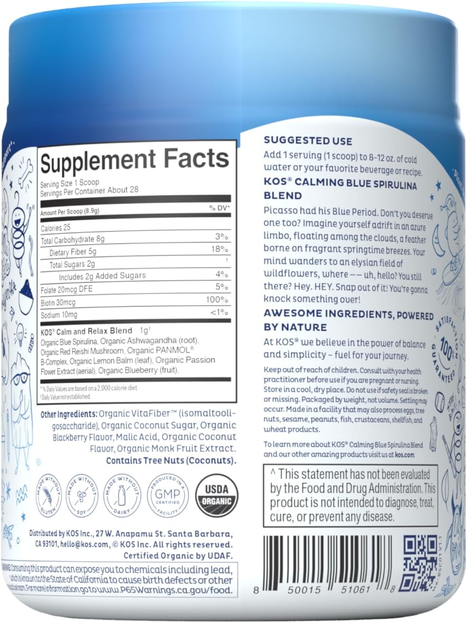 USDA Certified Organic KOS Calming Blue Spirulina Blend with Ashwagandha Root and Reishi Mushroom - Berry Coconut Cooler Flavor, 28 Servings