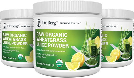 USDA Certified Organic Lemon Flavored Wheatgrass Juice Powder - 60 Servings - Rich in Chlorophyll, Trace Minerals, and Enzymes - 3 Pack of Ultra-Concentrated Dr. Berg Nutritionals Powder