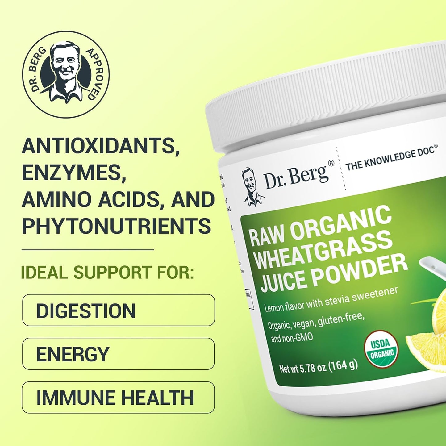 USDA Certified Organic Lemon Flavored Wheatgrass Juice Powder - 60 Servings - Rich in Chlorophyll, Trace Minerals, and Enzymes - 3 Pack of Ultra-Concentrated Dr. Berg Nutritionals Powder