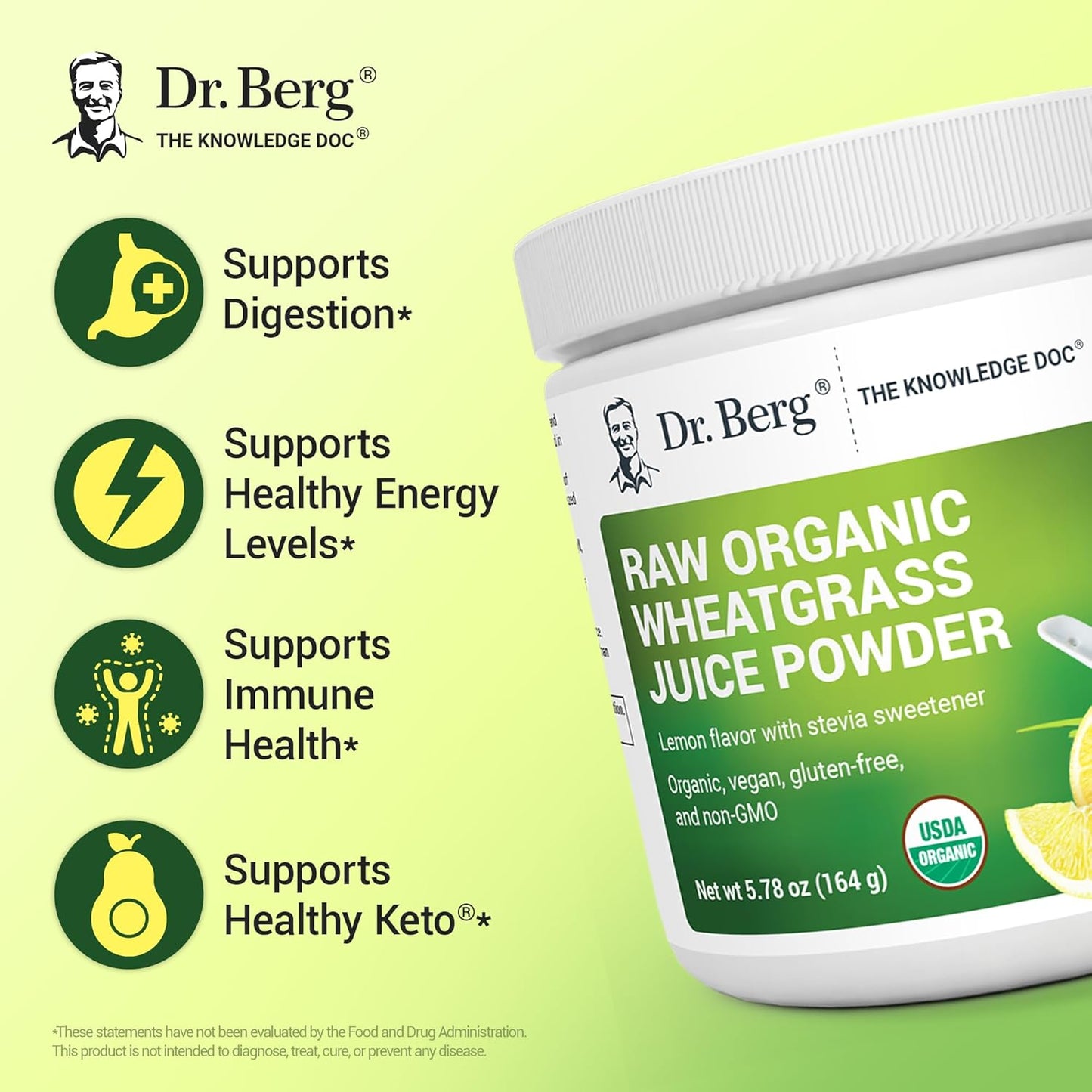 USDA Certified Organic Lemon Flavored Wheatgrass Juice Powder - 60 Servings - Rich in Chlorophyll, Trace Minerals, and Enzymes - 3 Pack of Ultra-Concentrated Dr. Berg Nutritionals Powder