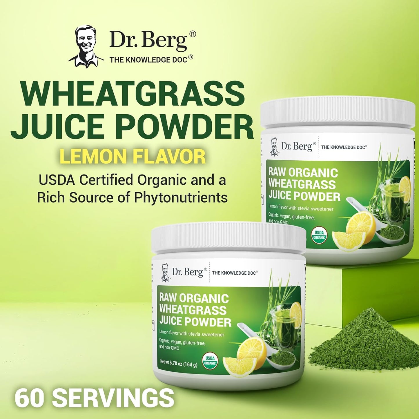 USDA Certified Organic Lemon Flavored Wheatgrass Juice Powder - 60 Servings - Rich in Chlorophyll, Trace Minerals, and Enzymes - 3 Pack of Ultra-Concentrated Dr. Berg Nutritionals Powder
