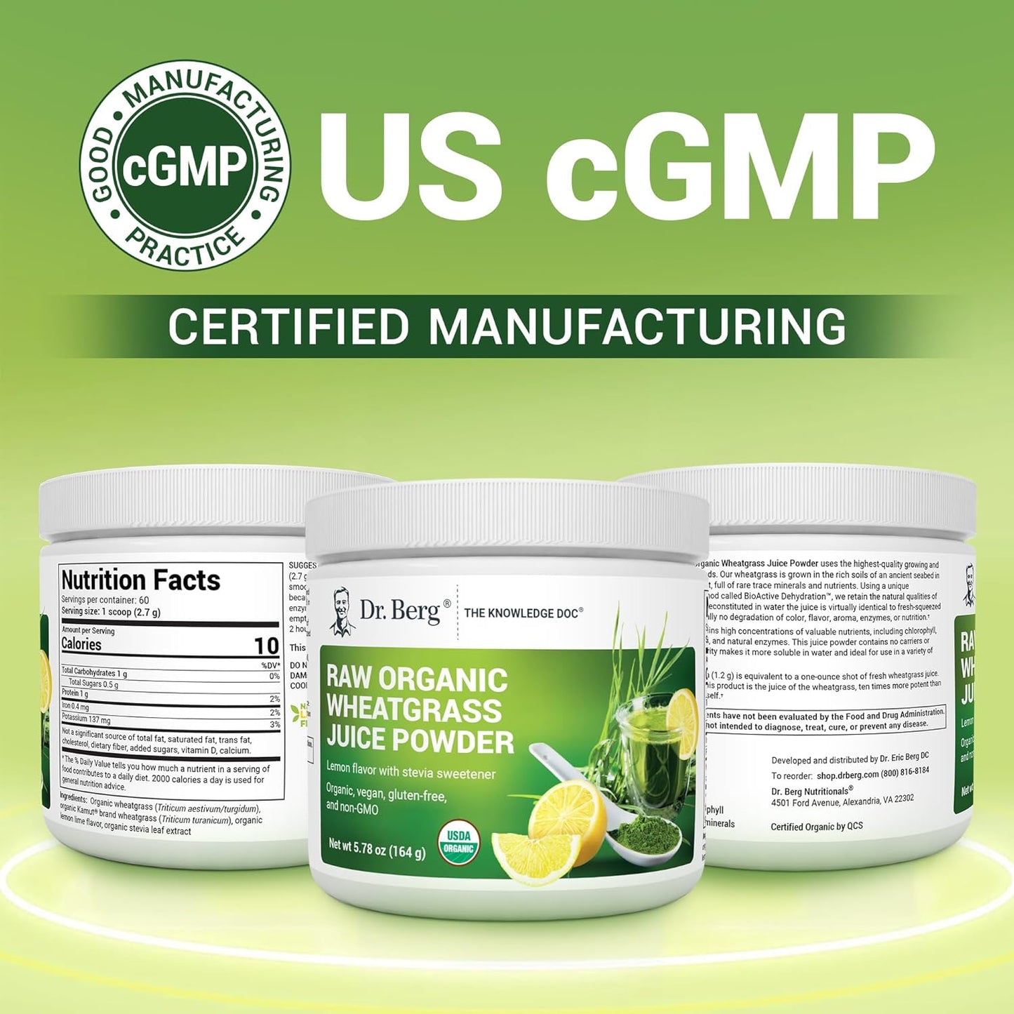 USDA Certified Organic Lemon Flavored Wheatgrass Juice Powder - 60 Servings - Rich in Chlorophyll, Trace Minerals, and Enzymes - 3 Pack of Ultra-Concentrated Dr. Berg Nutritionals Powder