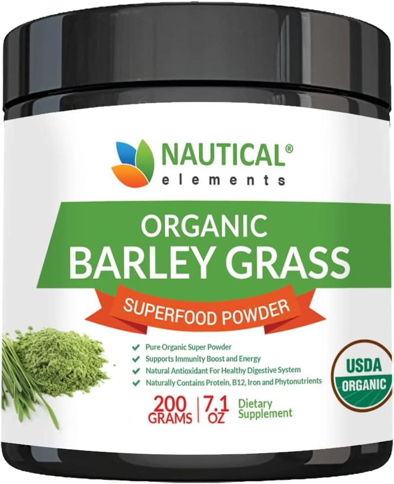 USDA Certified Organic Nautical Elements Barley Grass Powder - Non-GMO, Vegan, Rich in Antioxidants, Minerals, and Amino Acids - 200 Grams
