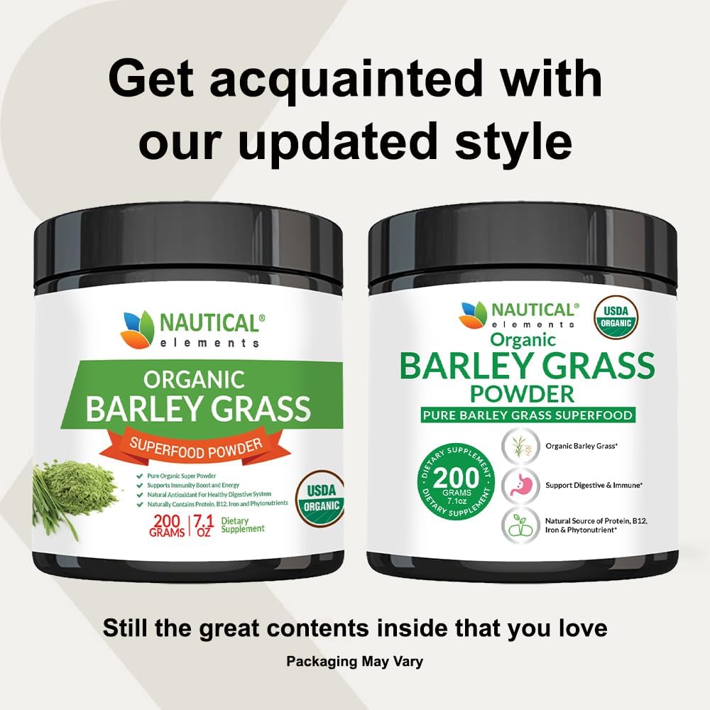 USDA Certified Organic Nautical Elements Barley Grass Powder - Non-GMO, Vegan, Rich in Antioxidants, Minerals, and Amino Acids - 200 Grams