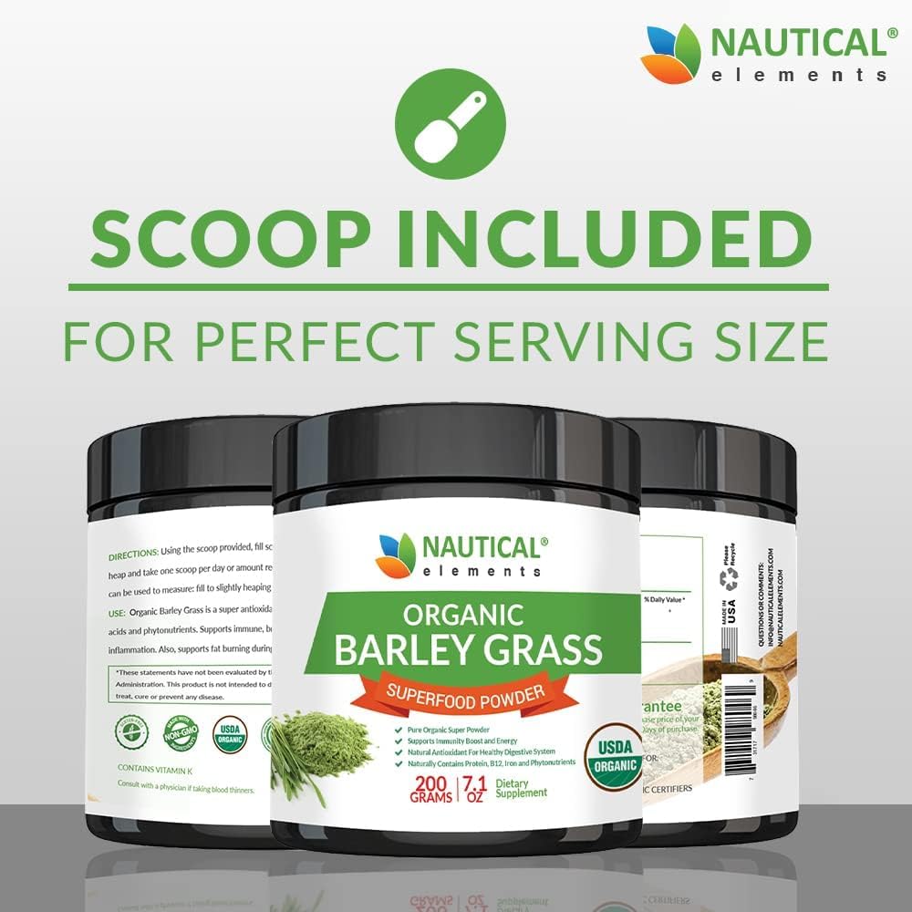 USDA Certified Organic Nautical Elements Barley Grass Powder - Non-GMO, Vegan, Rich in Antioxidants, Minerals, and Amino Acids - 200 Grams