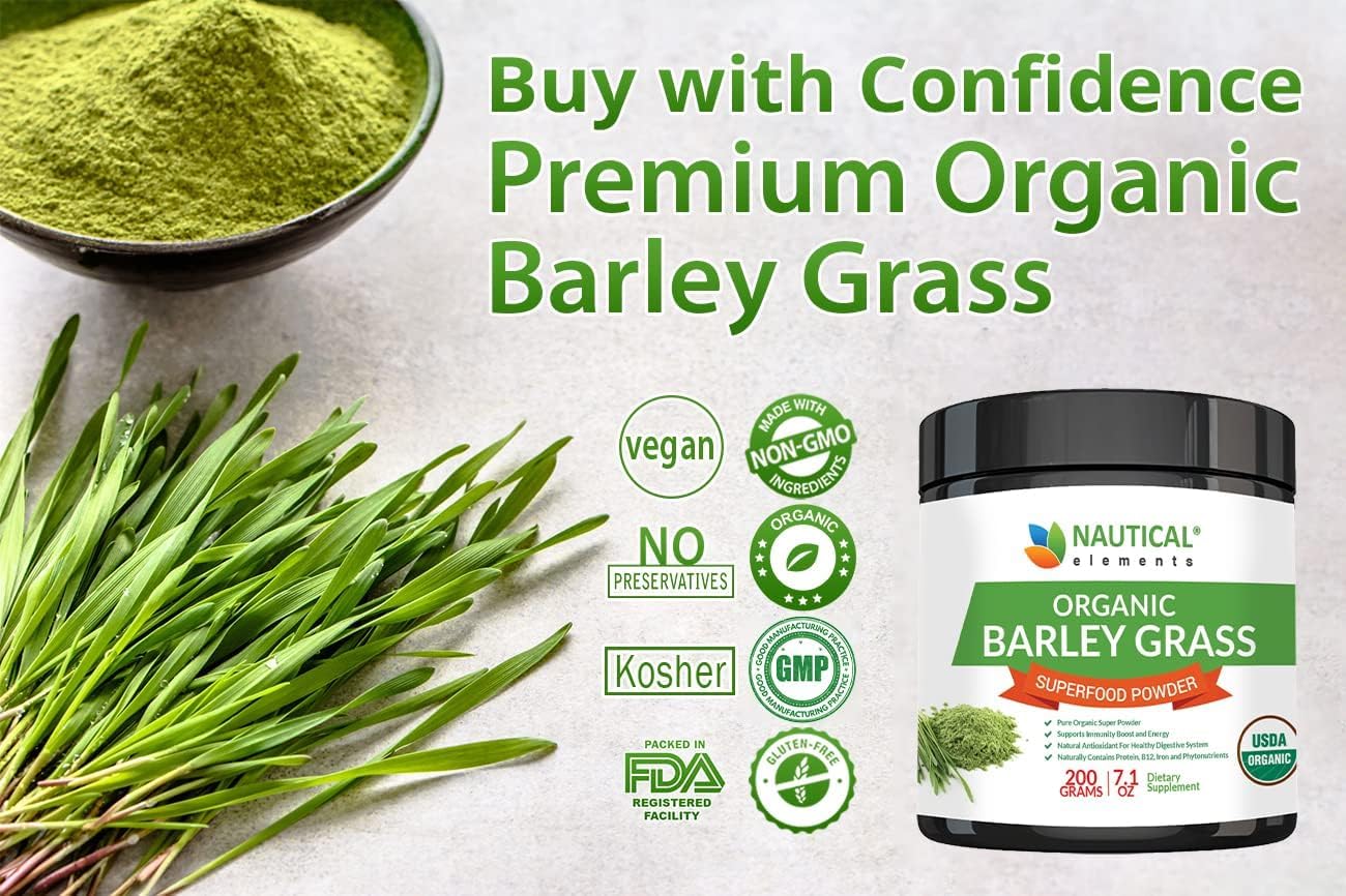 USDA Certified Organic Nautical Elements Barley Grass Powder - Non-GMO, Vegan, Rich in Antioxidants, Minerals, and Amino Acids - 200 Grams